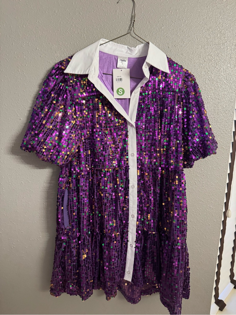 Ladies Purple Sequin Party Dress with White Collar by YO-YO Size Small